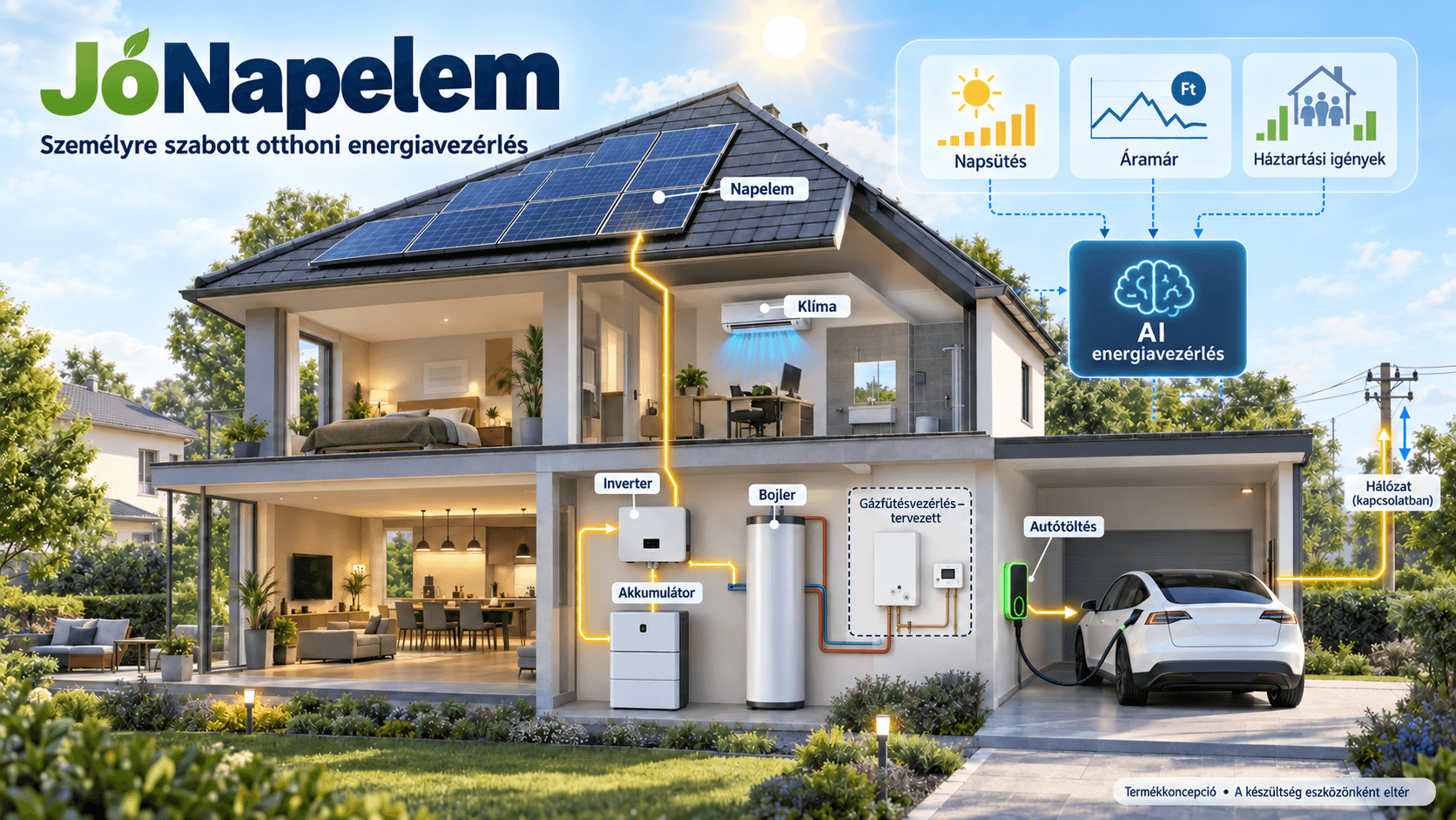 Az otthoni energiavezérlés koncepciója: napelem, inverter, akkumulátor, bojler, klíma és autótöltő; a gázfűtésvezérlés tervezett elem.